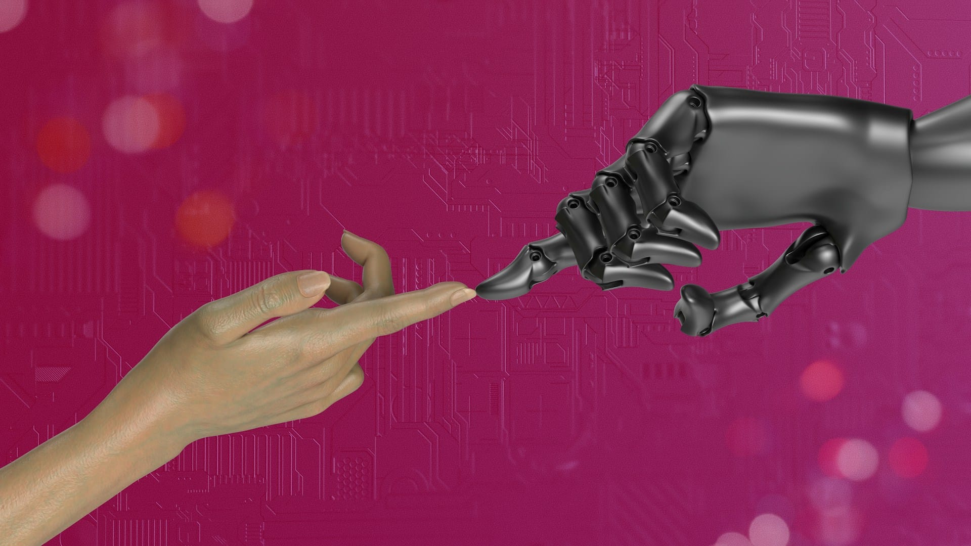 Human hand and robotic hand touching fingertips on a magenta background