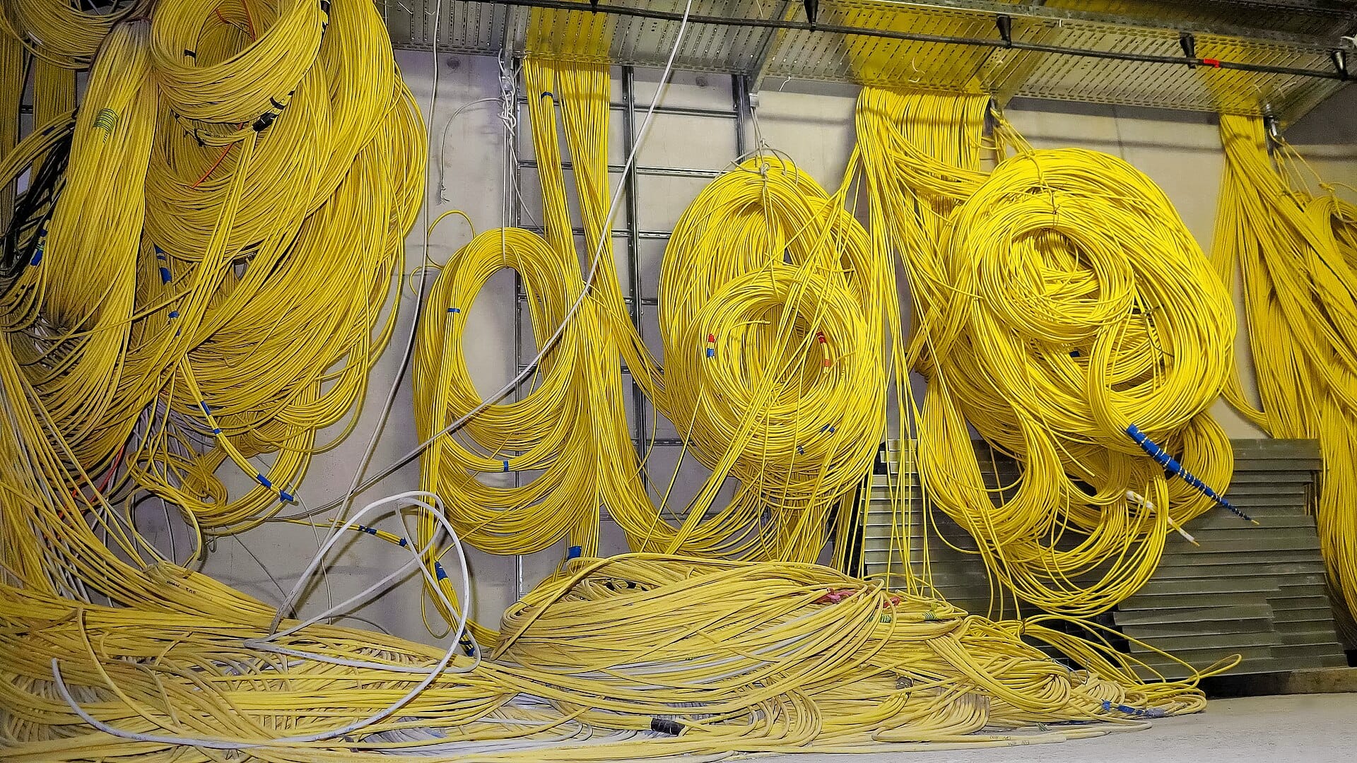 Dense bundles of coloured network cables running through a patch panel.