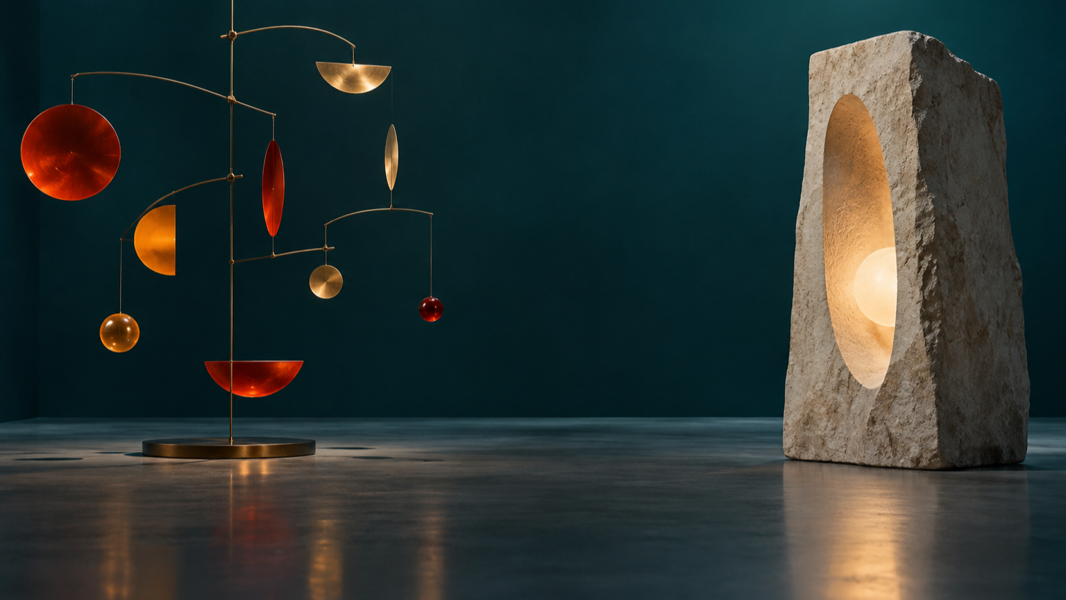 A delicate warm-colored kinetic mobile stands apart from a solid illuminated stone monolith.