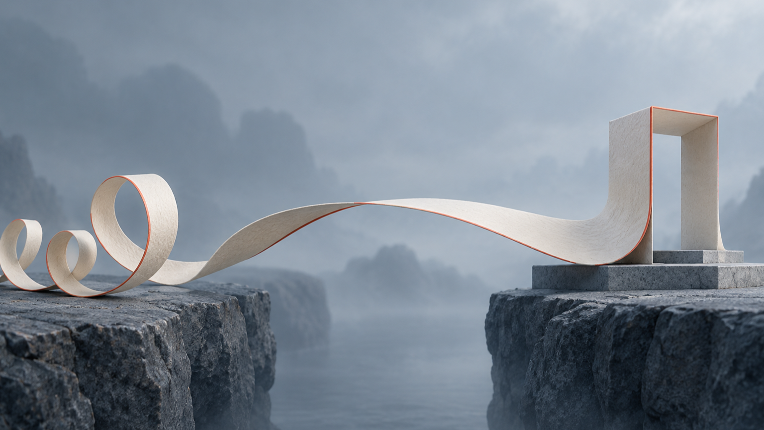 A white paper ribbon crosses a rocky gap and rises into a doorway against a misty blue landscape.