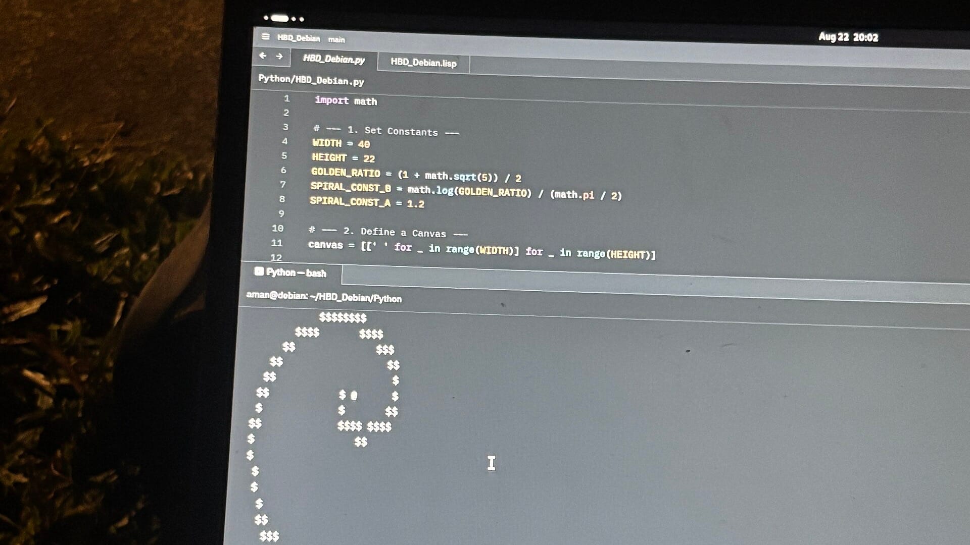 A laptop screen shows Python source code and a terminal with a Debian ASCII logo.