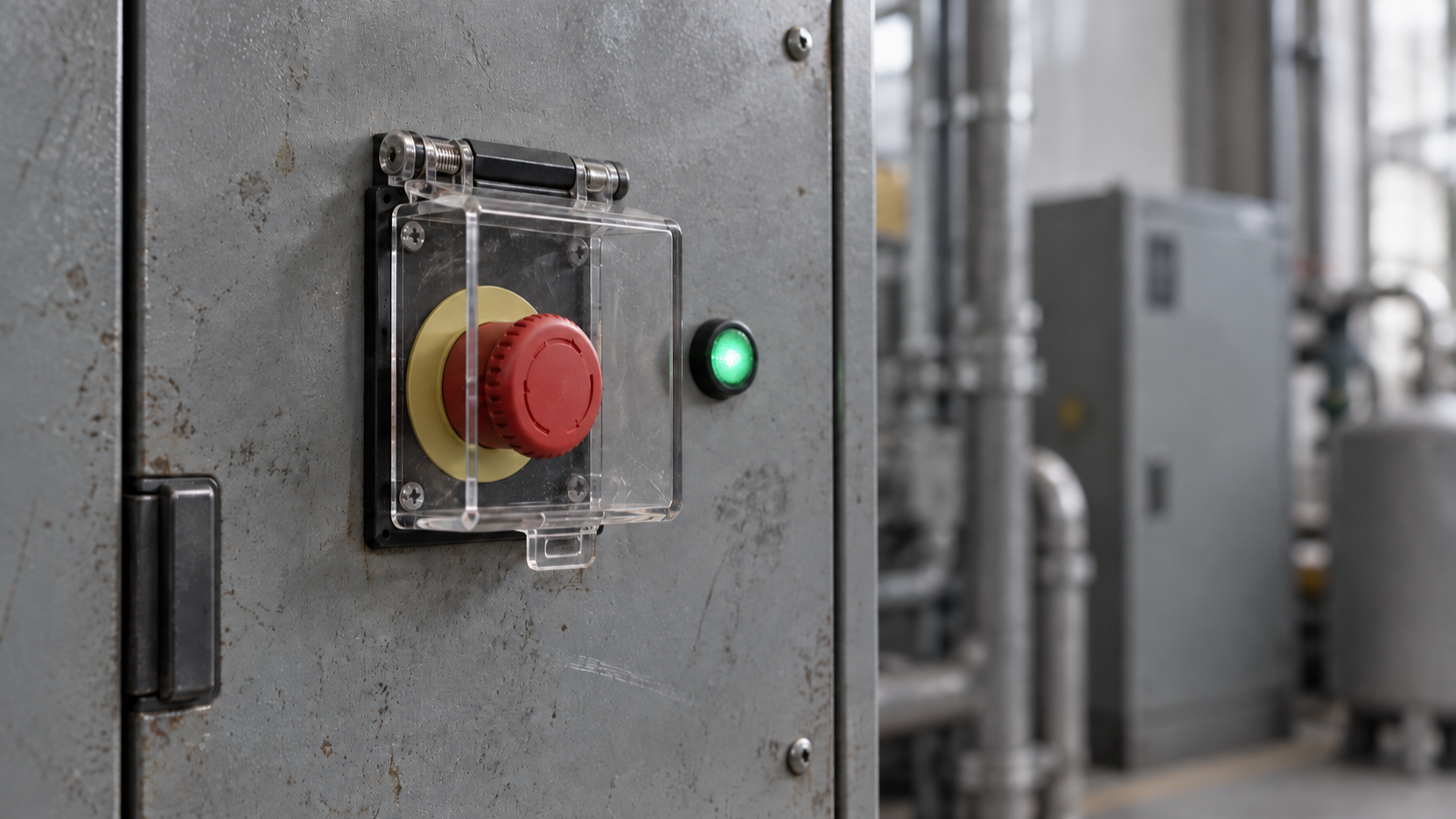 A protected red emergency-stop button and green status light sit on a worn industrial control cabinet.