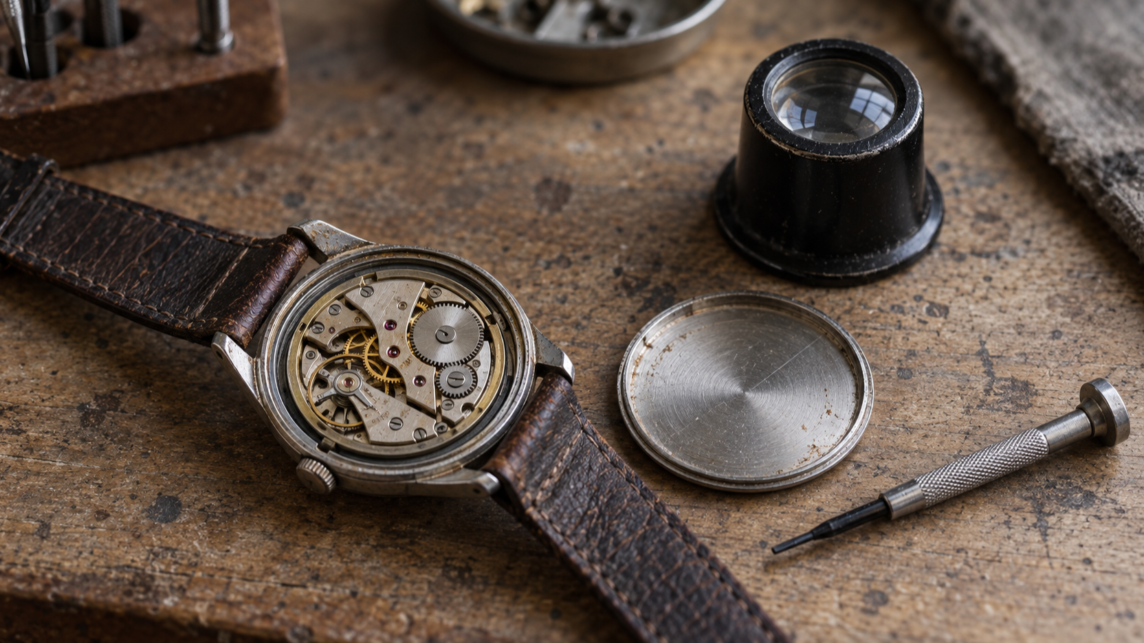 An opened vintage mechanical watch rests on a worn repair bench beside a loupe and precision screwdriver.