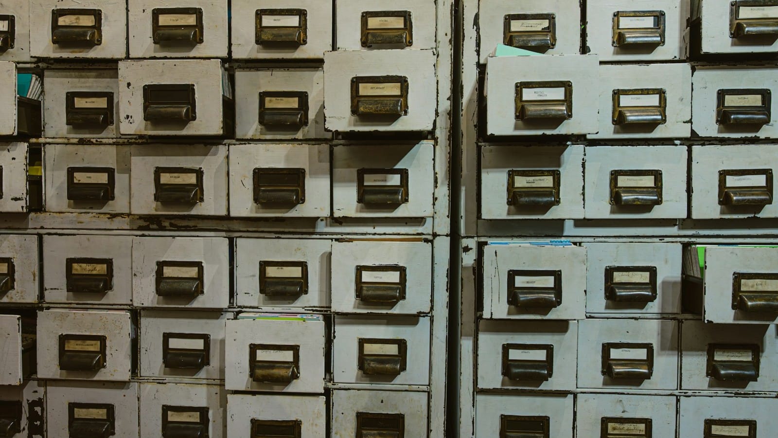 Rows of labelled metal filing cabinet drawers in an archive.