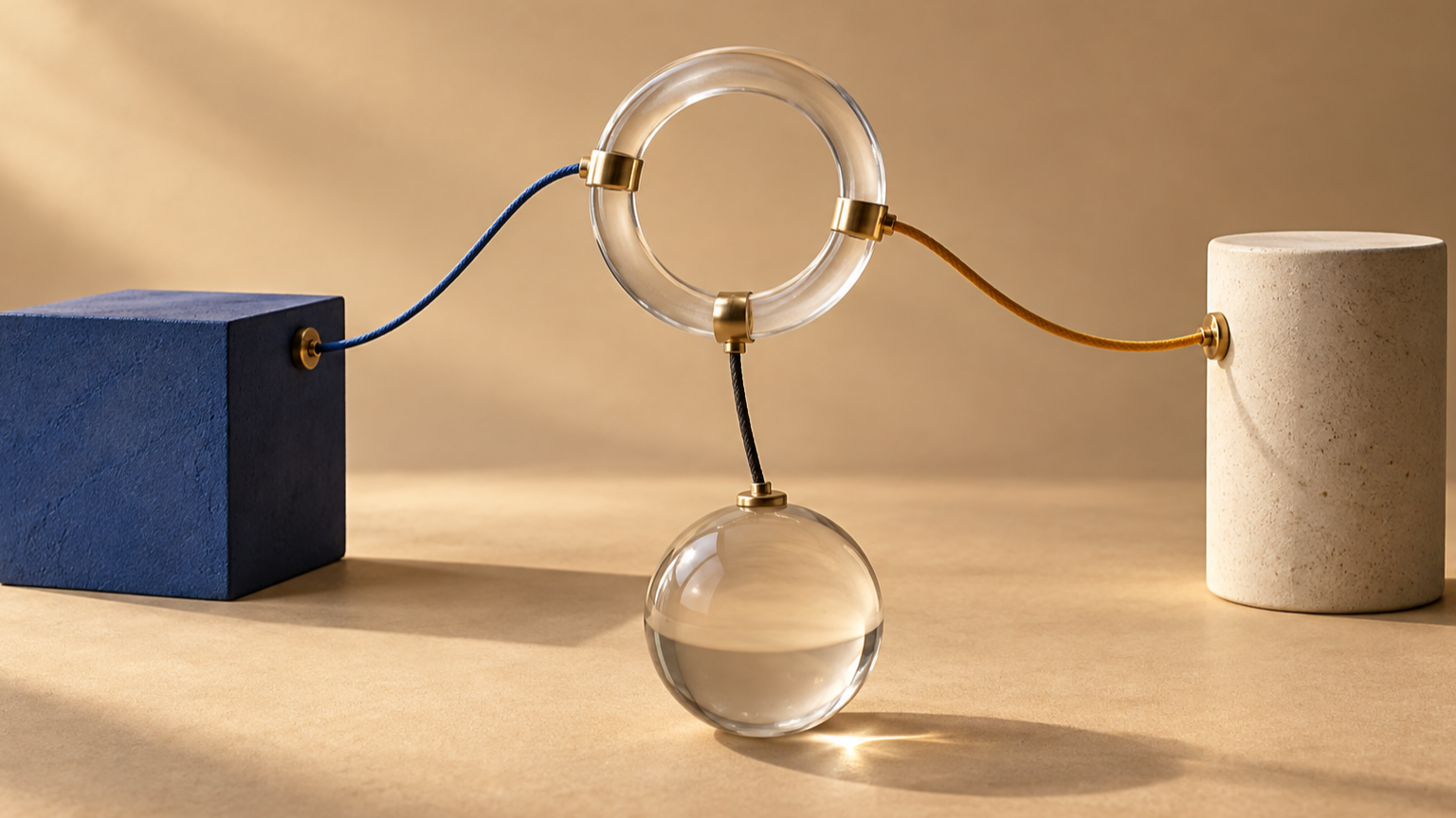 A blue cube, stone cylinder, and glass sphere connect through one suspended transparent ring.